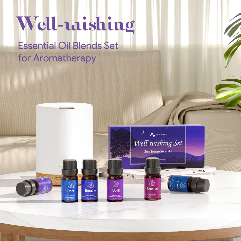 ASAKUKI Zen Breeze Serenity diffuser-enabled set displayed for aromatherapy