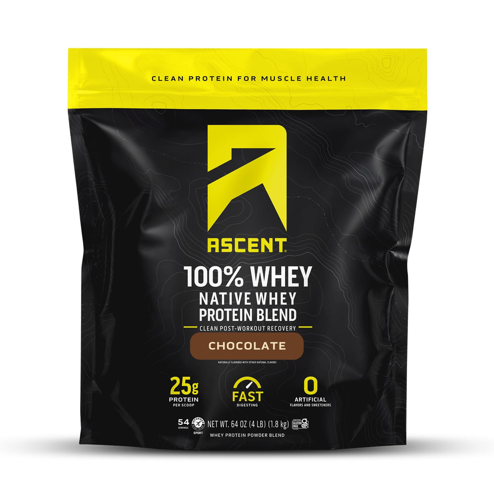 Ascent 100% Whey Protein bottle shows pure whey isolate for quick digestion