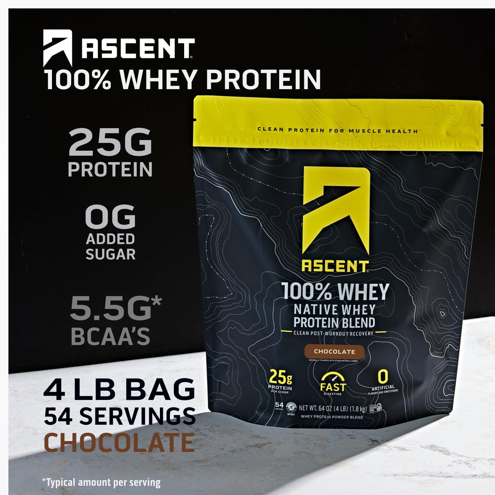 Ascent Whey Protein powder scoop illustrating 25g protein per serving