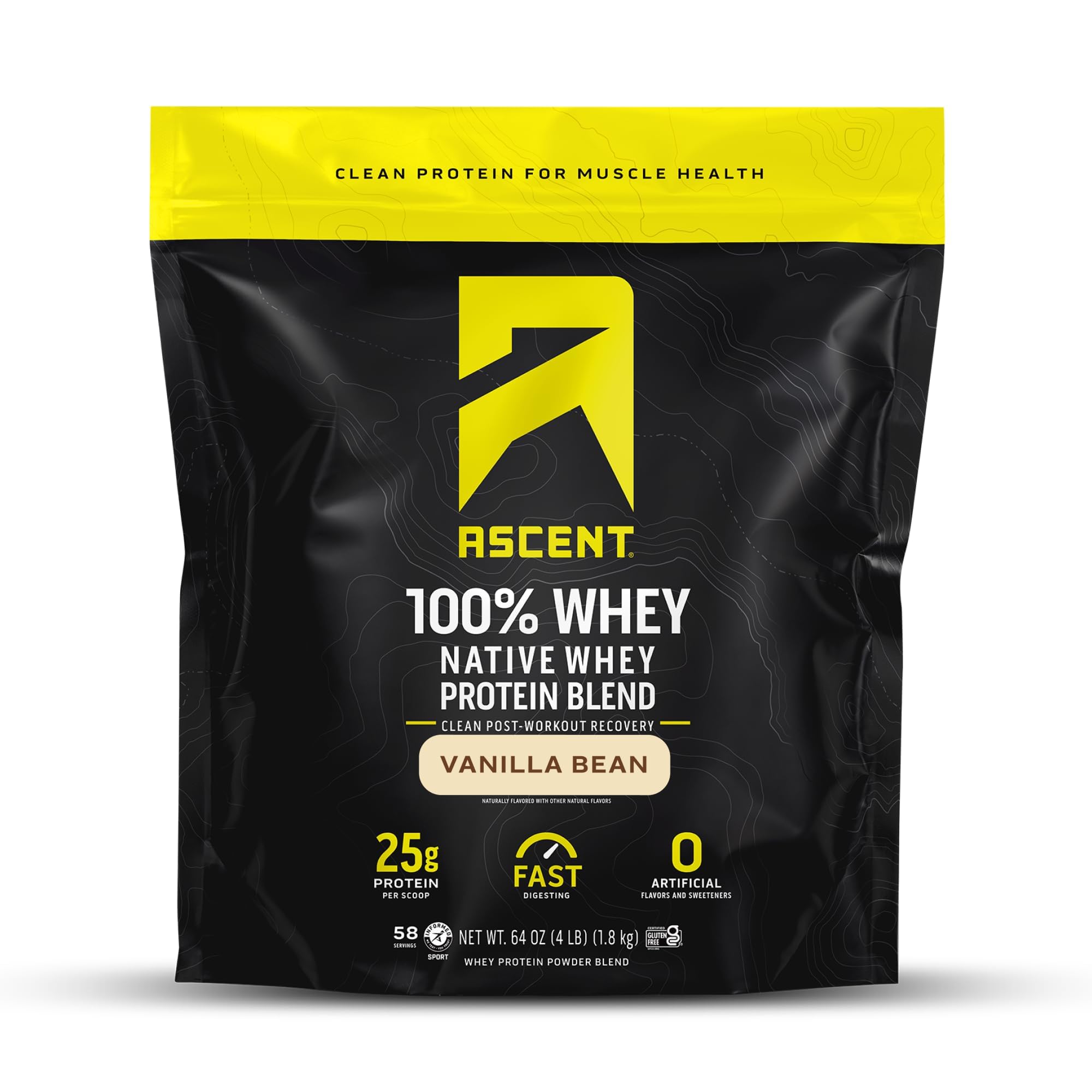 Ascent 100% Whey Vanilla Bean tub ready for post-workout recovery uses.