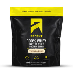 Ascent 100% Whey Vanilla Bean tub ready for post-workout recovery uses.