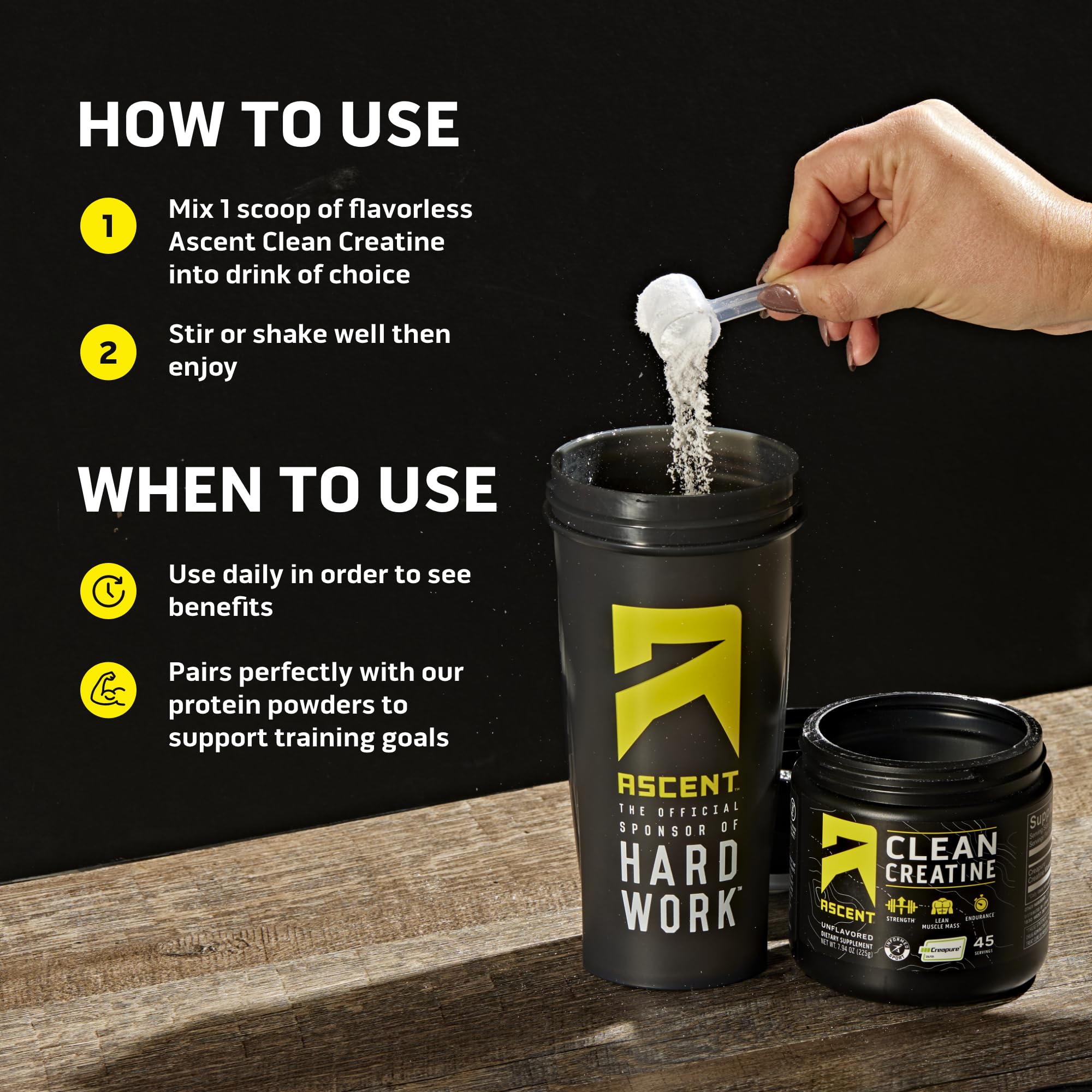 Ascent Clean Creatine Monohydrate gluten-free certification badge visible.