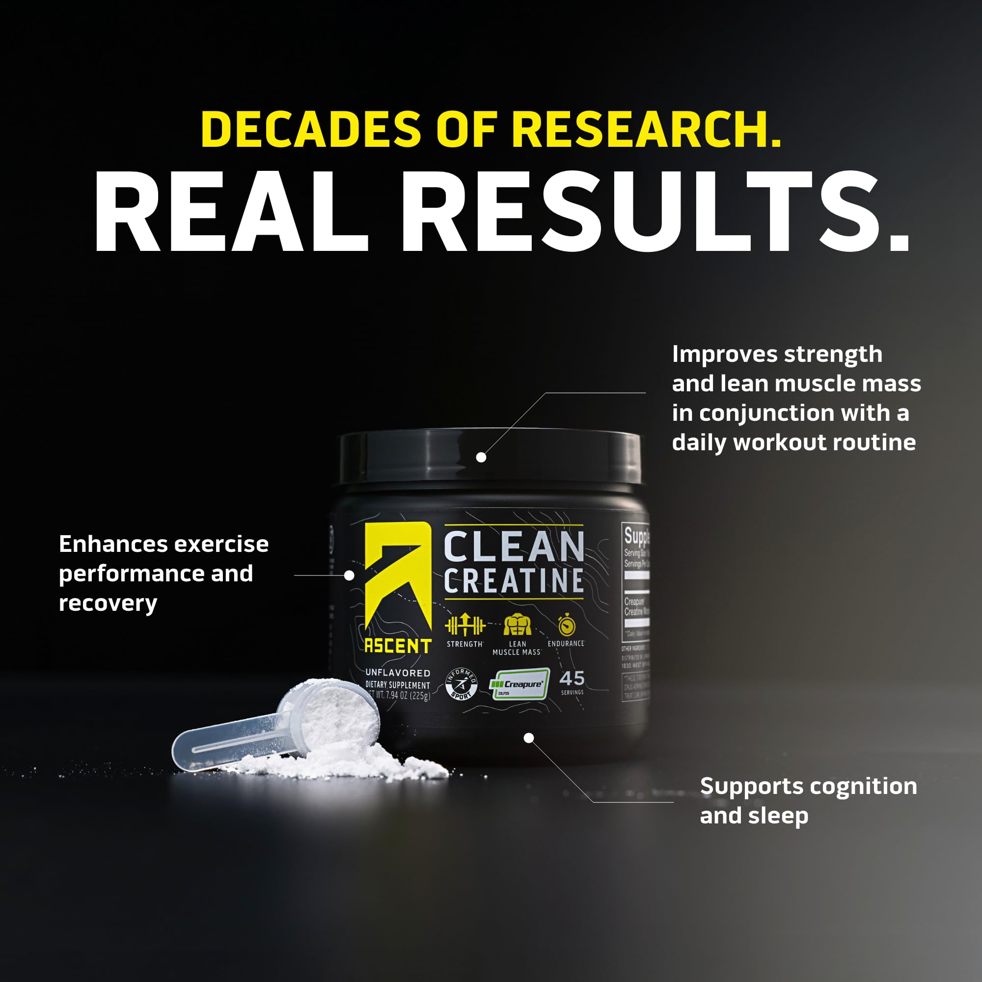 Ascent Clean Creatine Monohydrate powder scoop demonstrates precise 5 g servings.