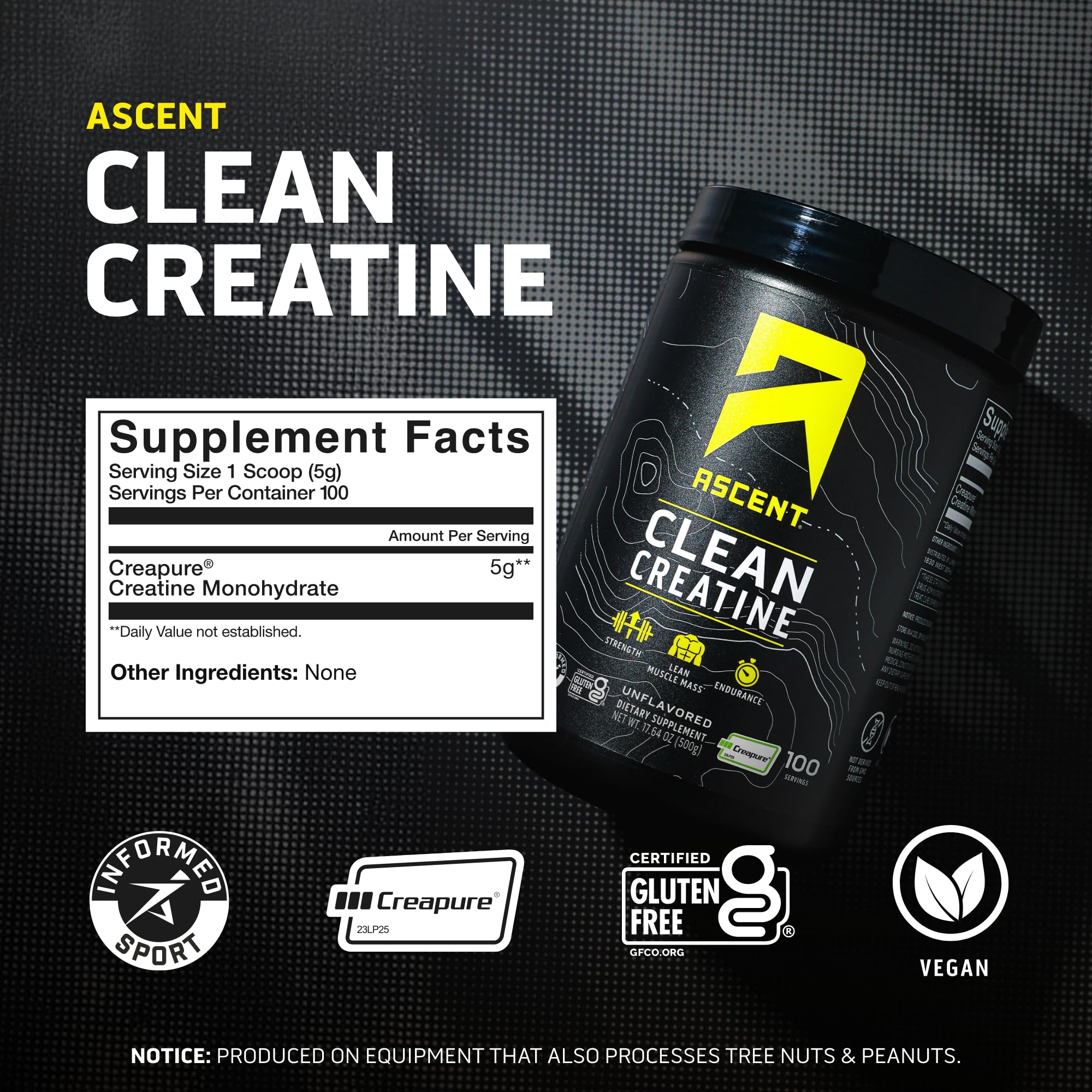 Ascent Clean Creatine unflavored powder, easy to mix with beverages.
