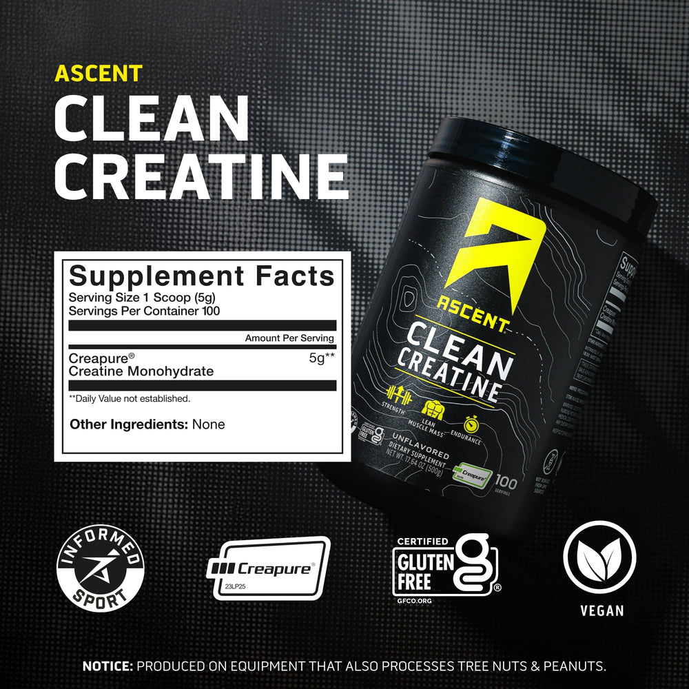 Ascent Clean Creatine unflavored powder, easy to mix with beverages.