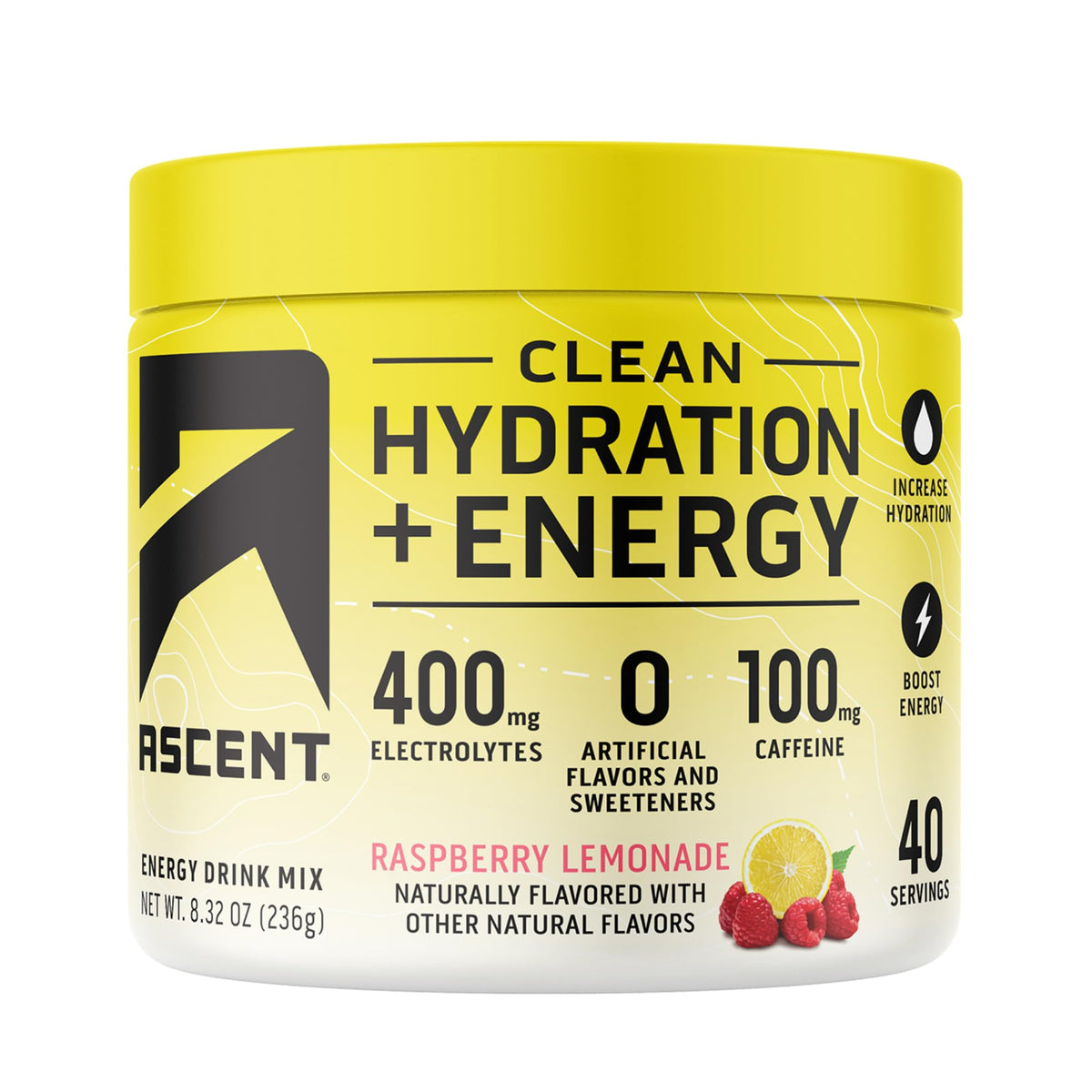 Ascent Clean Hydration + Energy powder bottle in Raspberry Lemonade flavor for on-the-go hydration