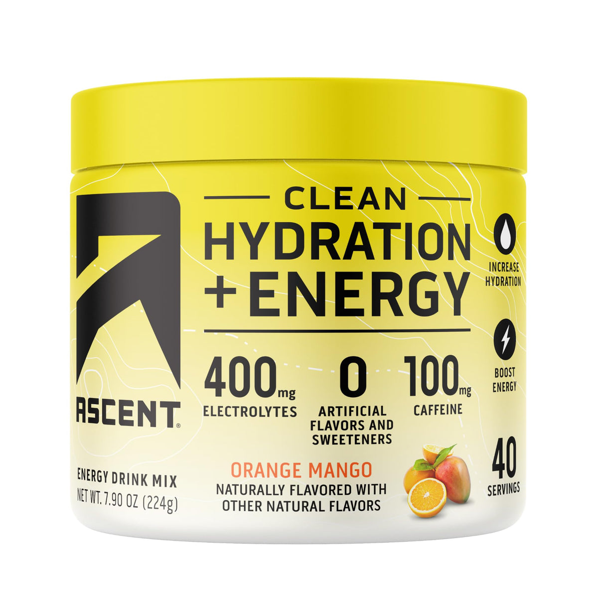 Ascent Clean Hydration + Energy powder tub for orange mango hydration
