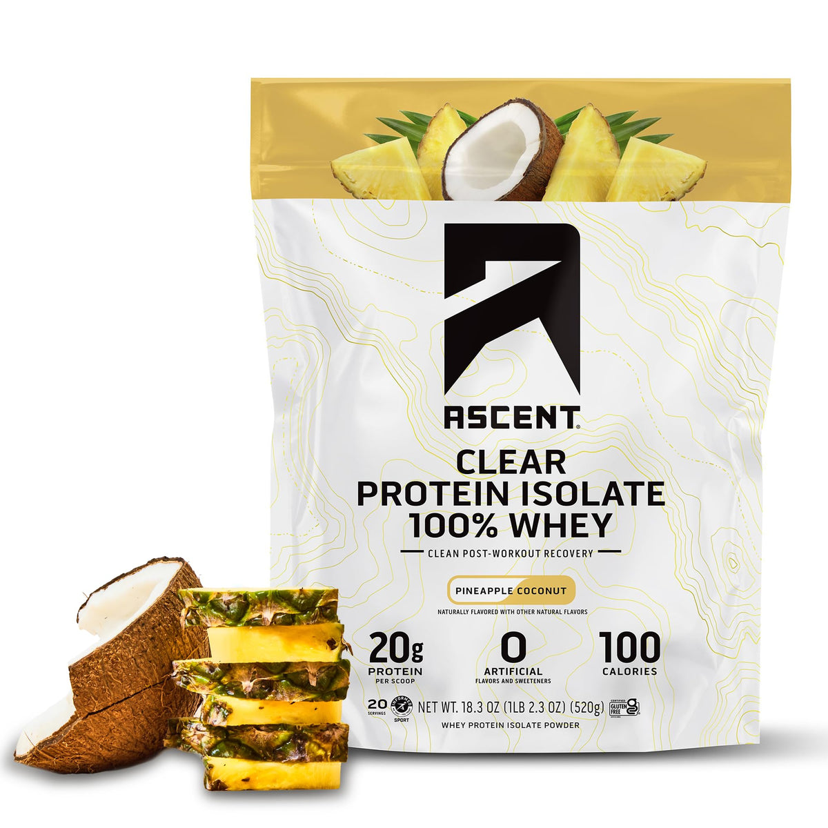 Ascent Clear Whey Pineapple Coconut bottle for refreshing post-workout recovery