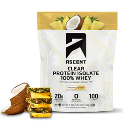 Ascent Clear Whey Pineapple Coconut bottle for refreshing post-workout recovery