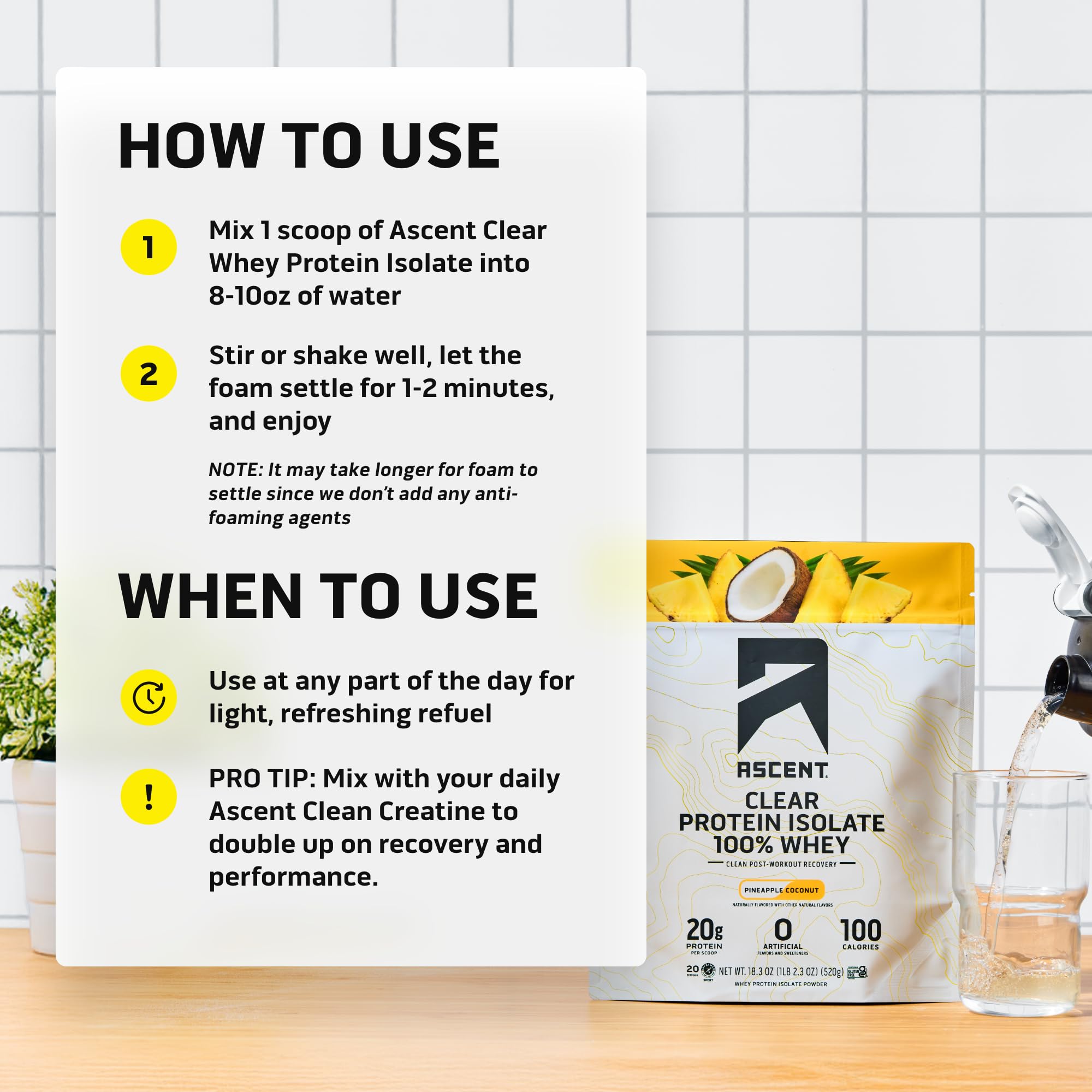 Ascent Clear Whey Pineapple Coconut packaging emphasizes clean ingredients and Informed Sport certification