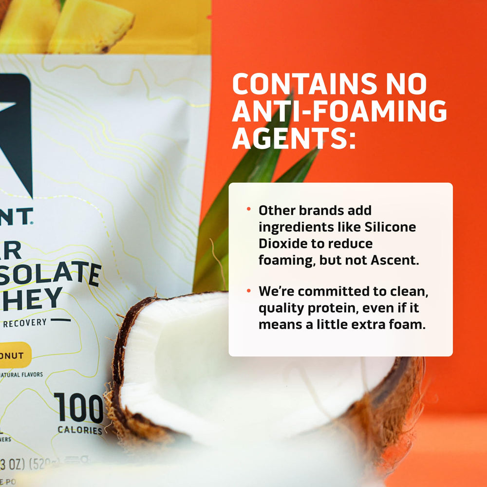 Ascent Clear Whey Pineapple Coconut serving scoop highlights 20g protein per serving