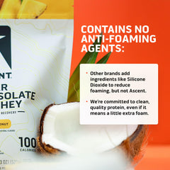Ascent Clear Whey Pineapple Coconut serving scoop highlights 20g protein per serving