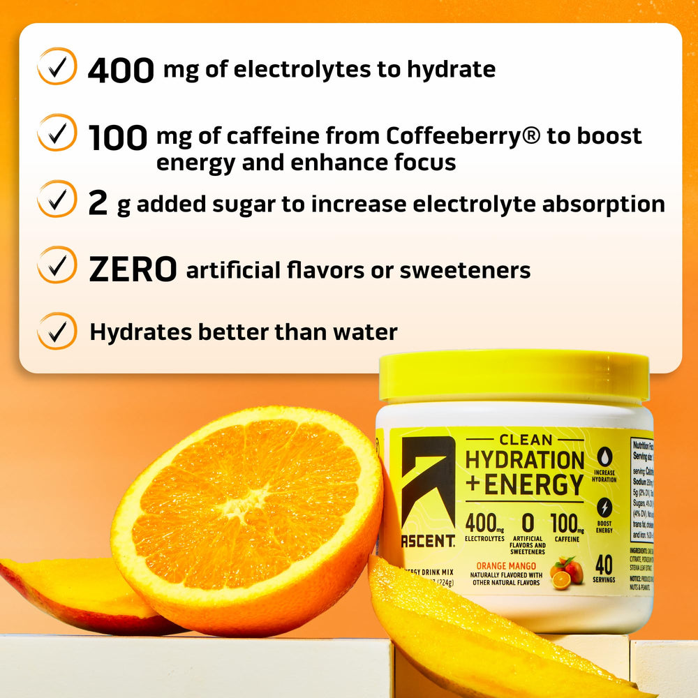 Ascent energy formula with 100mg caffeine boosts workouts