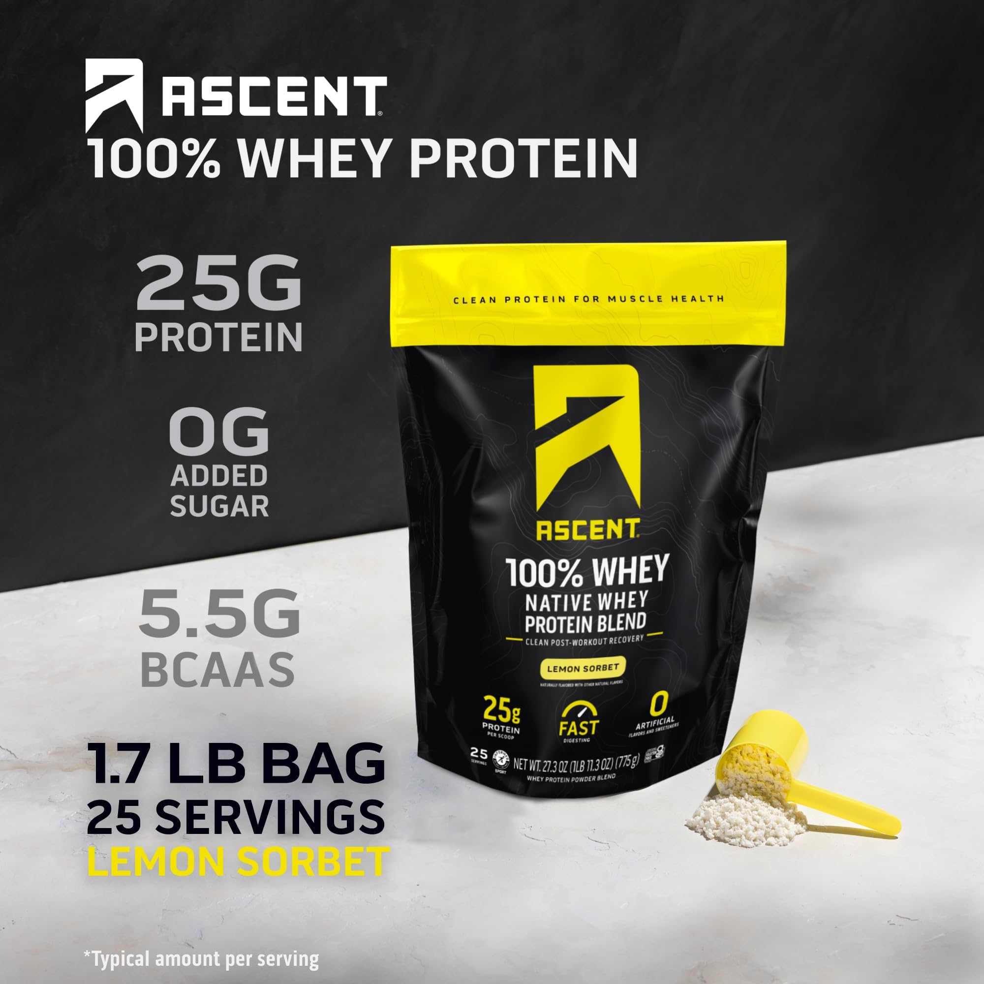 Ascent Lemon Sorbet scoop illustrating convenient daily protein supplement.