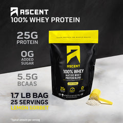 Ascent Lemon Sorbet scoop illustrating convenient daily protein supplement.