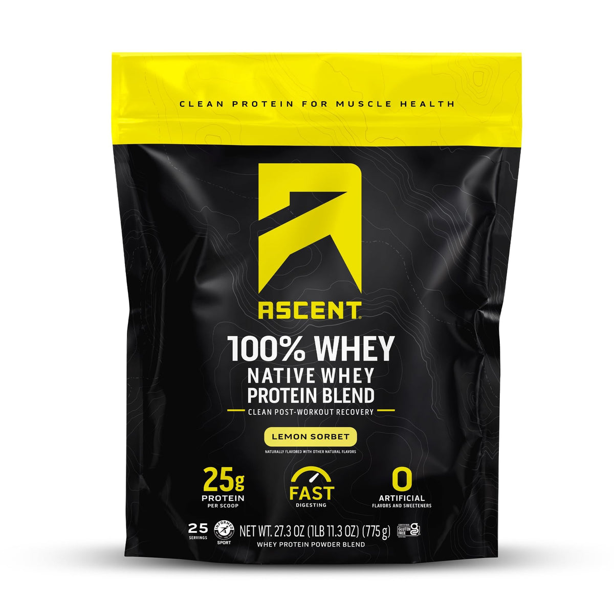 Ascent Lemon Sorbet whey tub for post-workout recovery with clean protein.