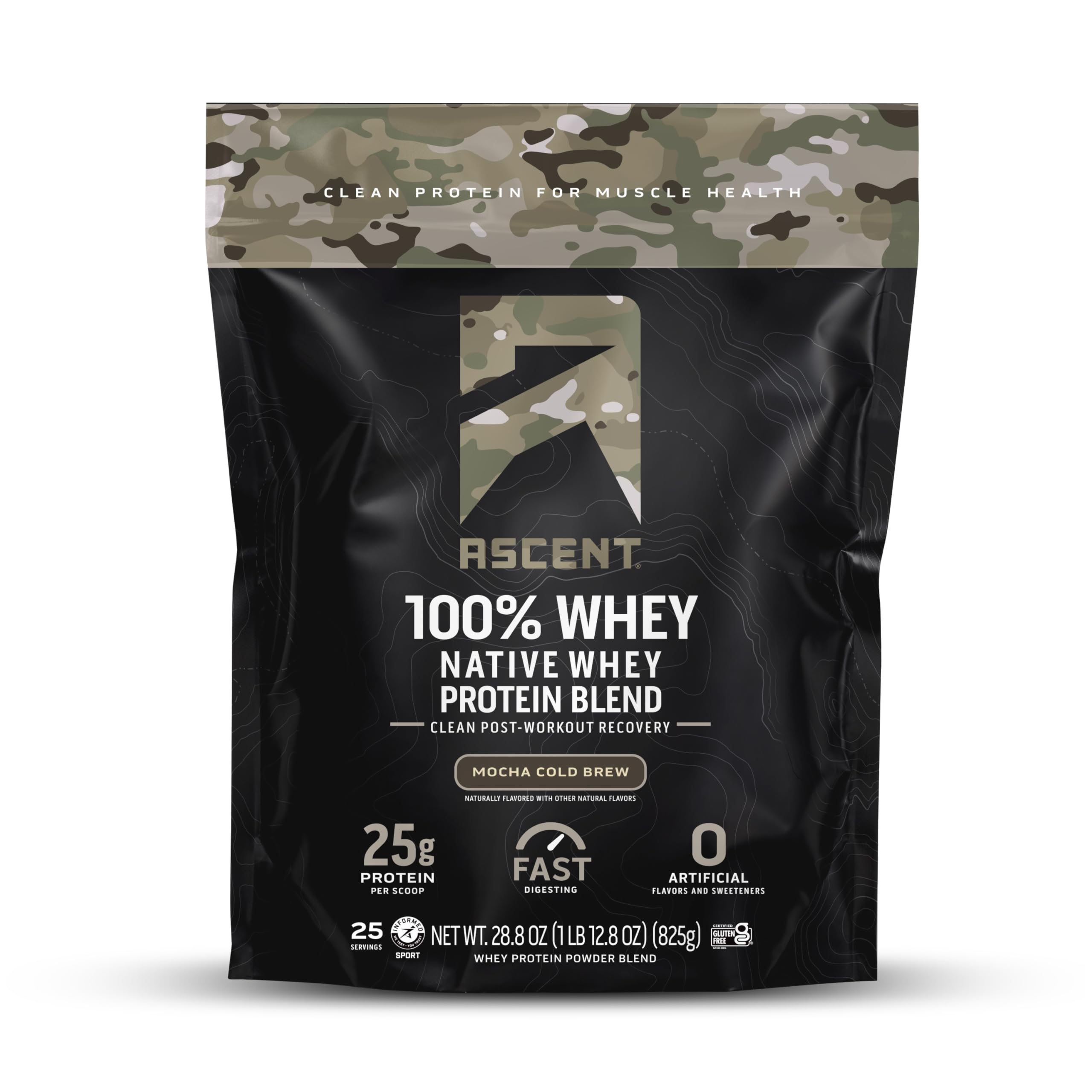 Ascent Mocha Cold Brew whey protein jar showing gluten-free formula and clean label benefits
