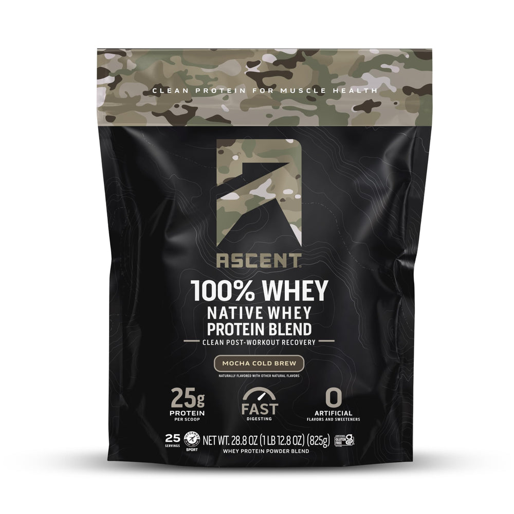 Ascent Mocha Cold Brew whey protein jar showing gluten-free formula and clean label benefits