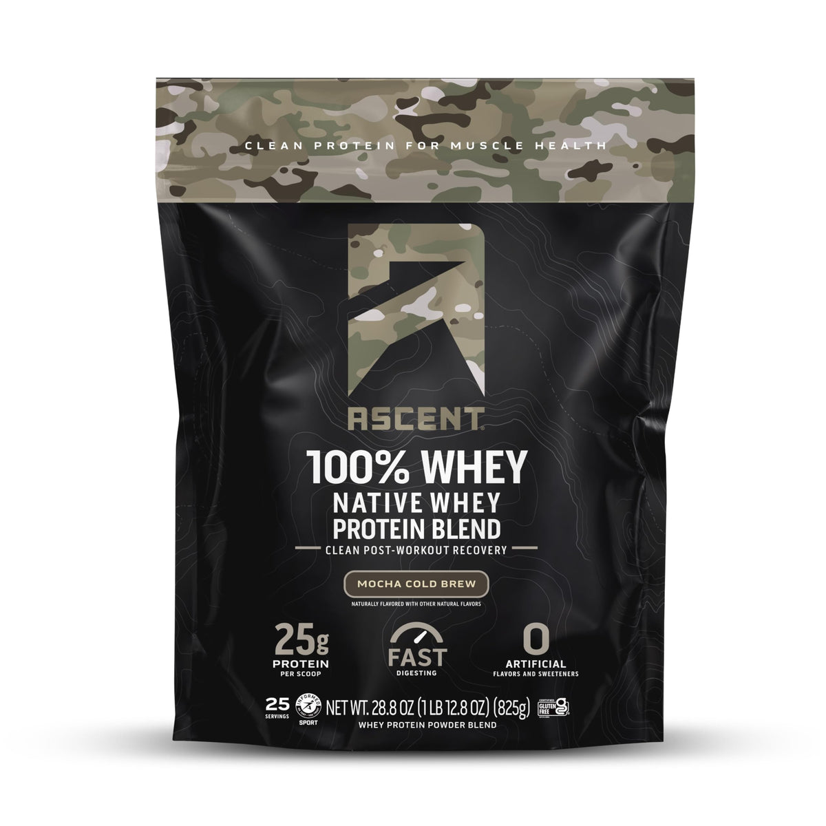 Ascent Mocha Cold Brew whey protein jar showing gluten-free formula and clean label benefits