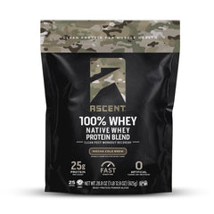Ascent Mocha Cold Brew whey protein jar showing gluten-free formula and clean label benefits