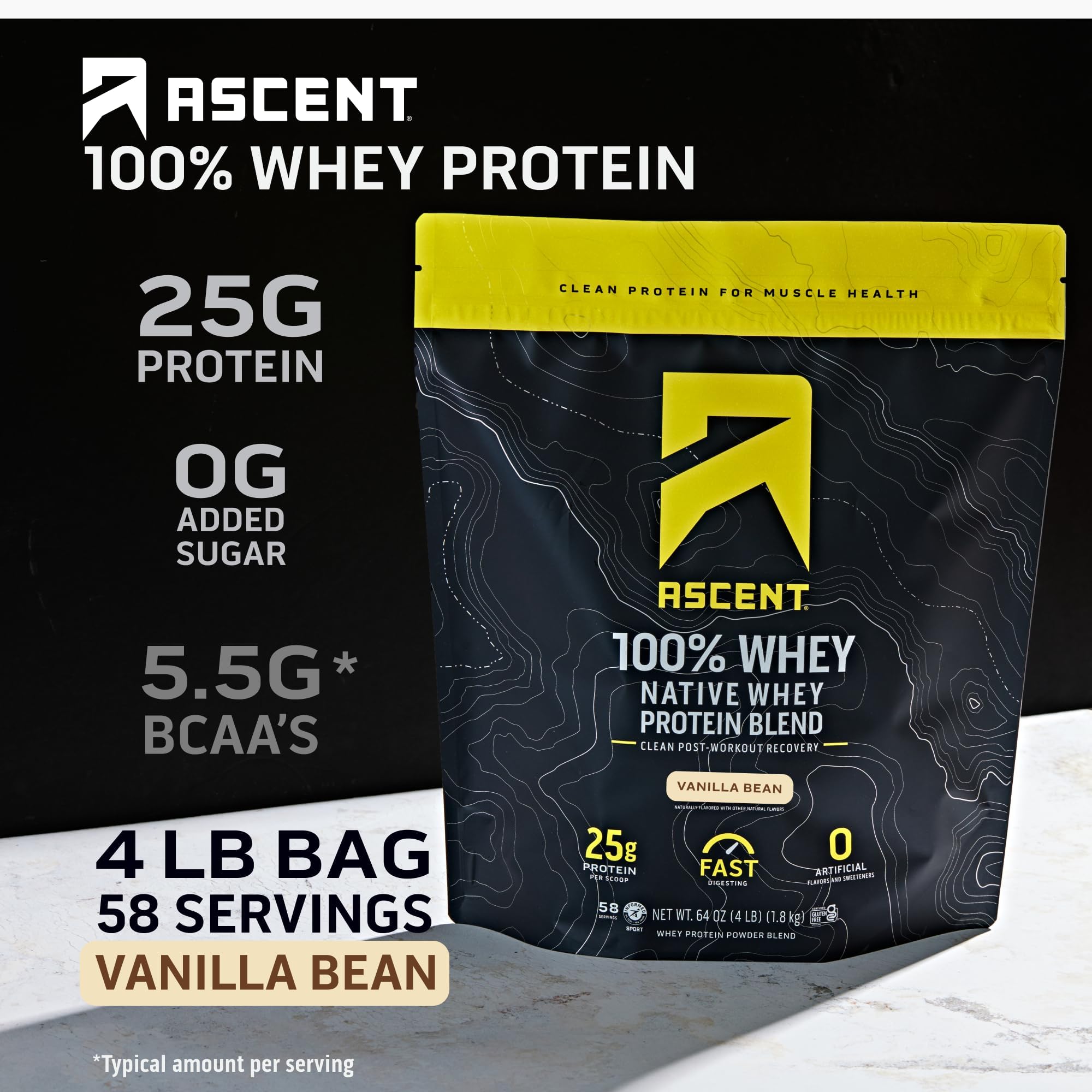 Ascent Native Whey protein scoop displayed for quick mixing.