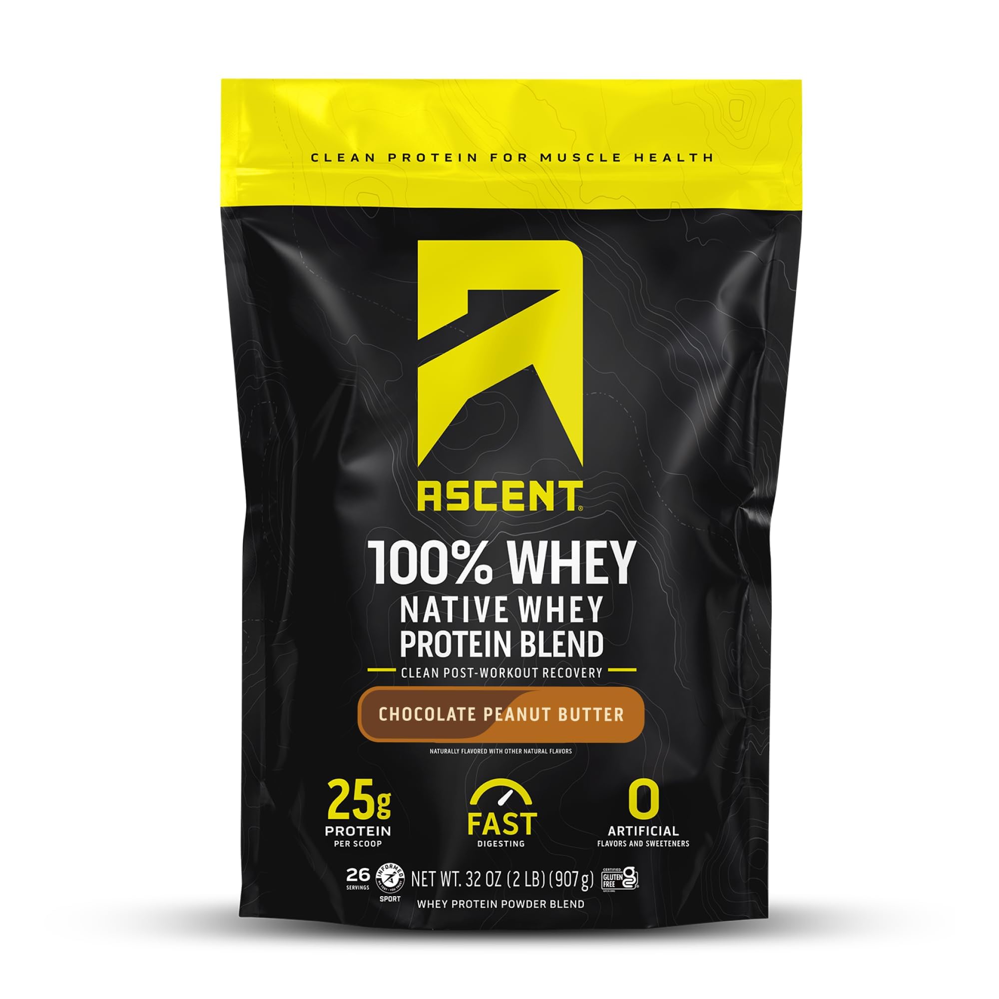 Ascent whey chocolate peanut butter powder for rich flavor and quick post-workout recovery.