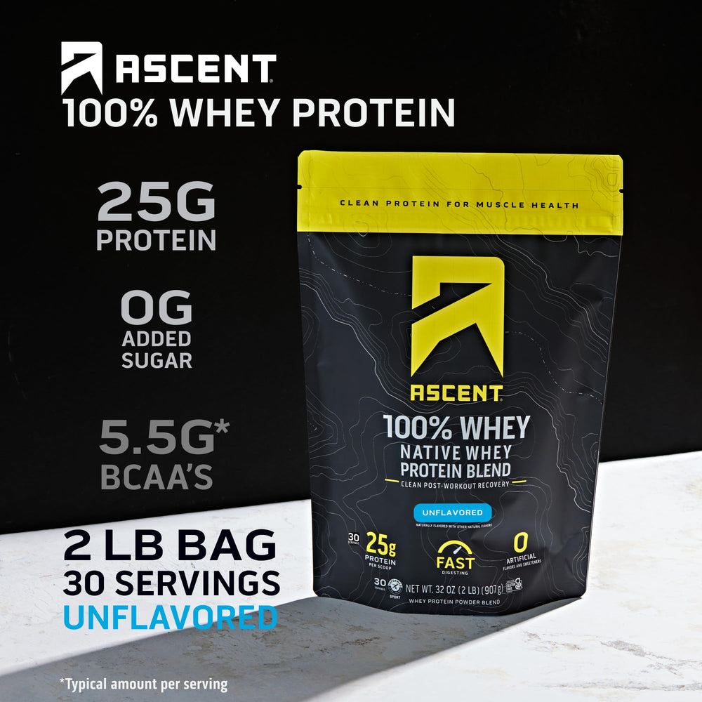 Ascent 100% Whey Protein label close-up shows gluten-free badge for dietary needs.