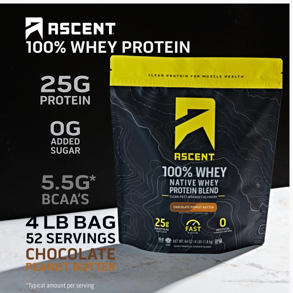 Ascent whey protein powder scoop in tub for quick protein portions