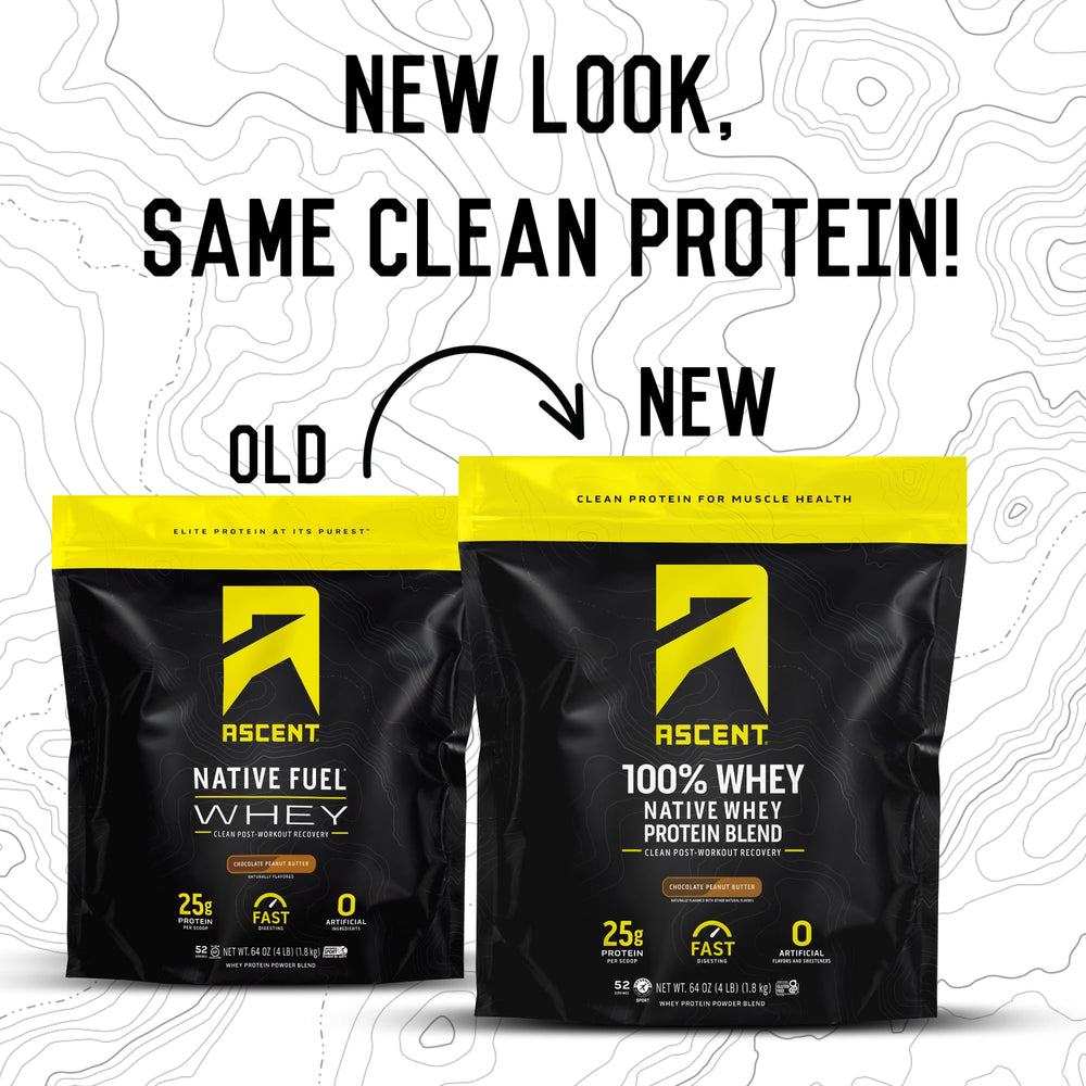 Ascent whey protein powder shake with glass showing a smooth post-workout drink
