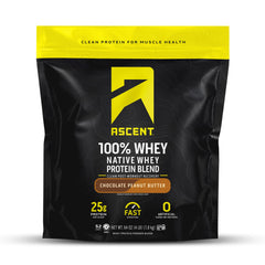 Ascent whey protein powder tub in chocolate peanut butter flavor for post-workout fueling