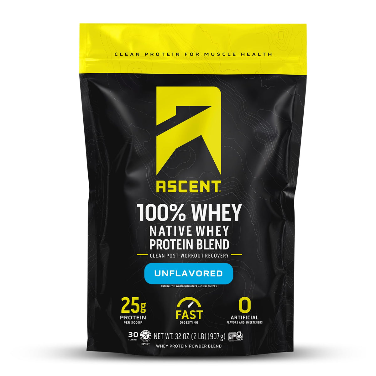 Ascent 100% Whey Protein unflavored 2 lb bag blends smoothly into shakes.