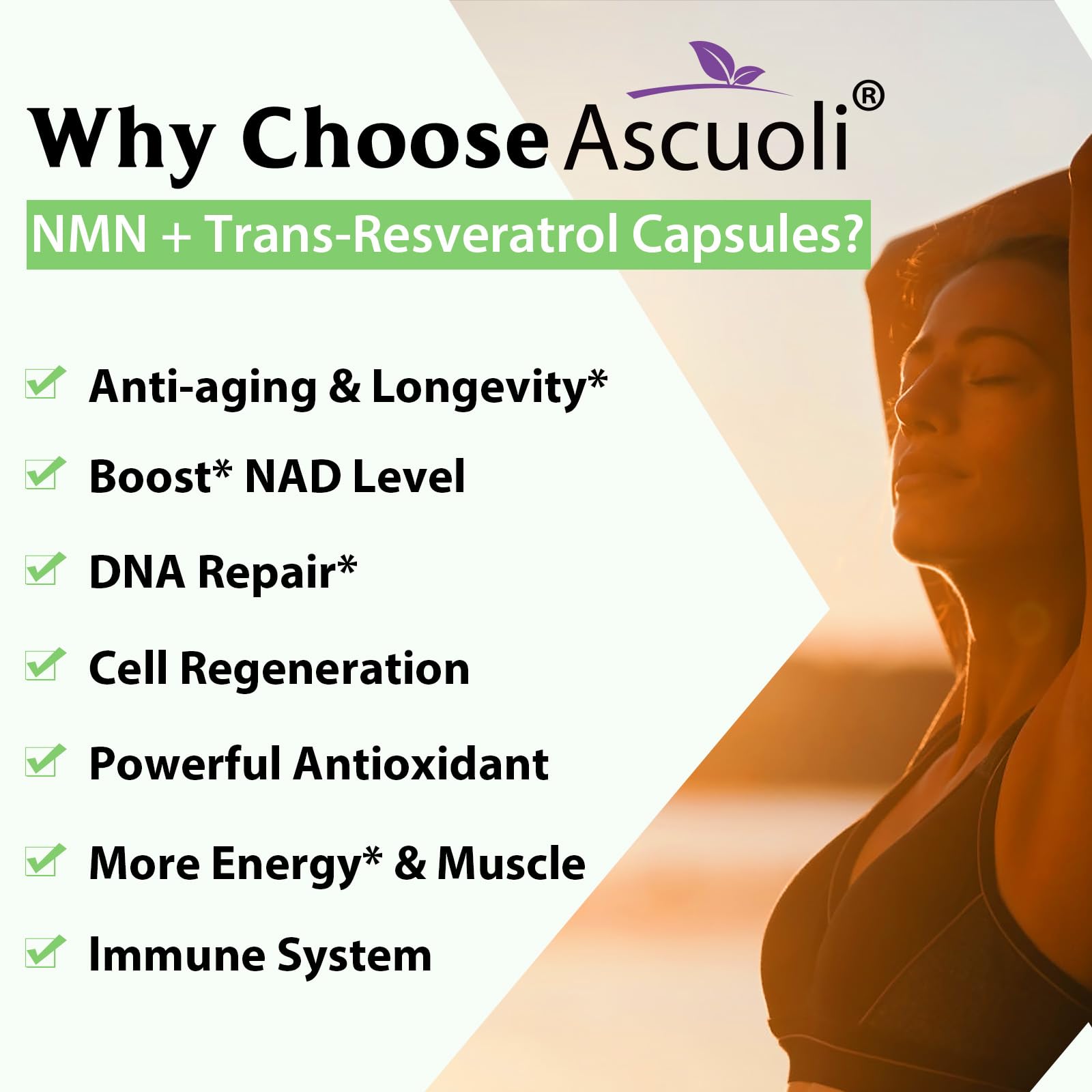 Ascuoli 3-in-1 formula label highlighting NMN, Resveratrol, and pepper.