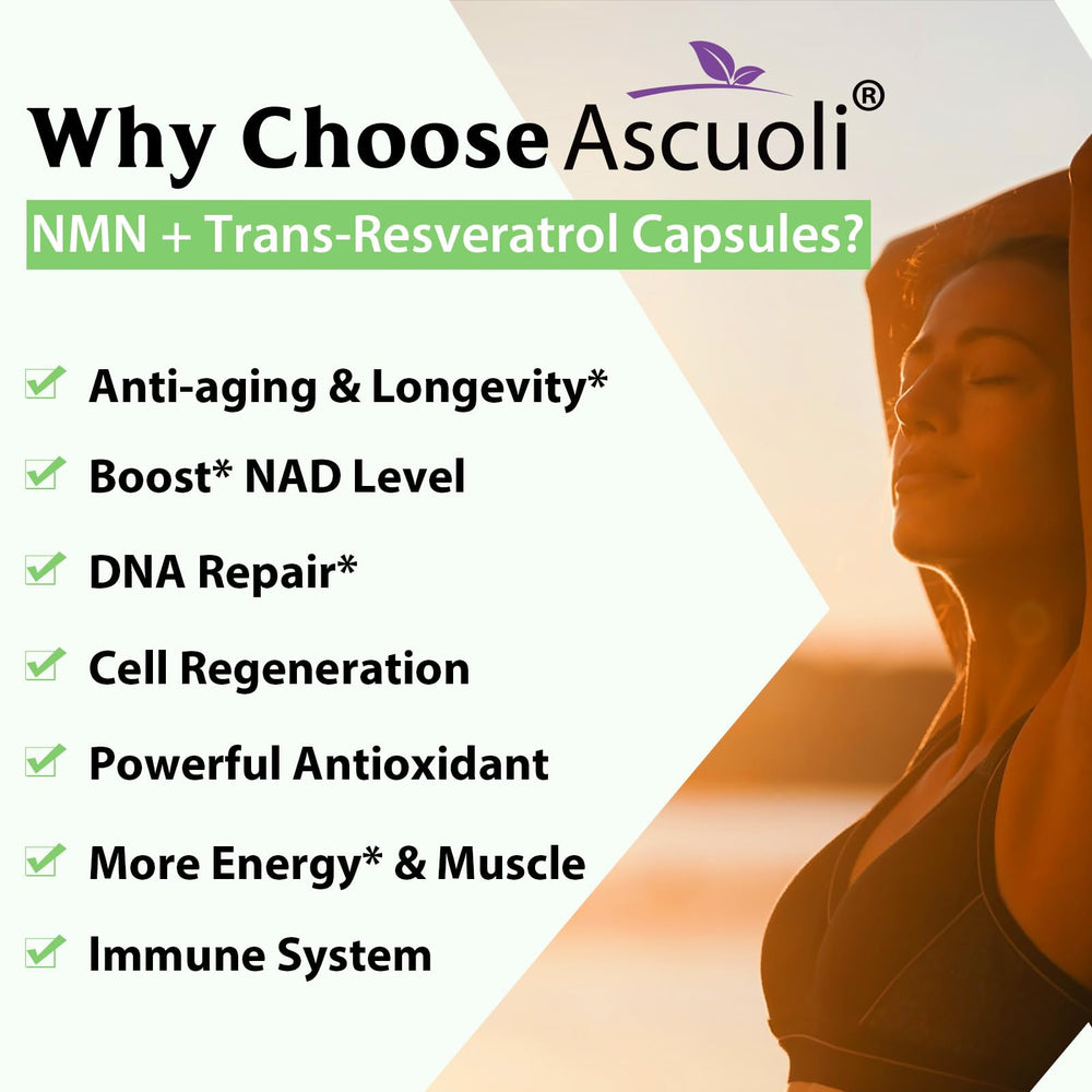 Ascuoli 3-in-1 formula label highlighting NMN, Resveratrol, and pepper.
