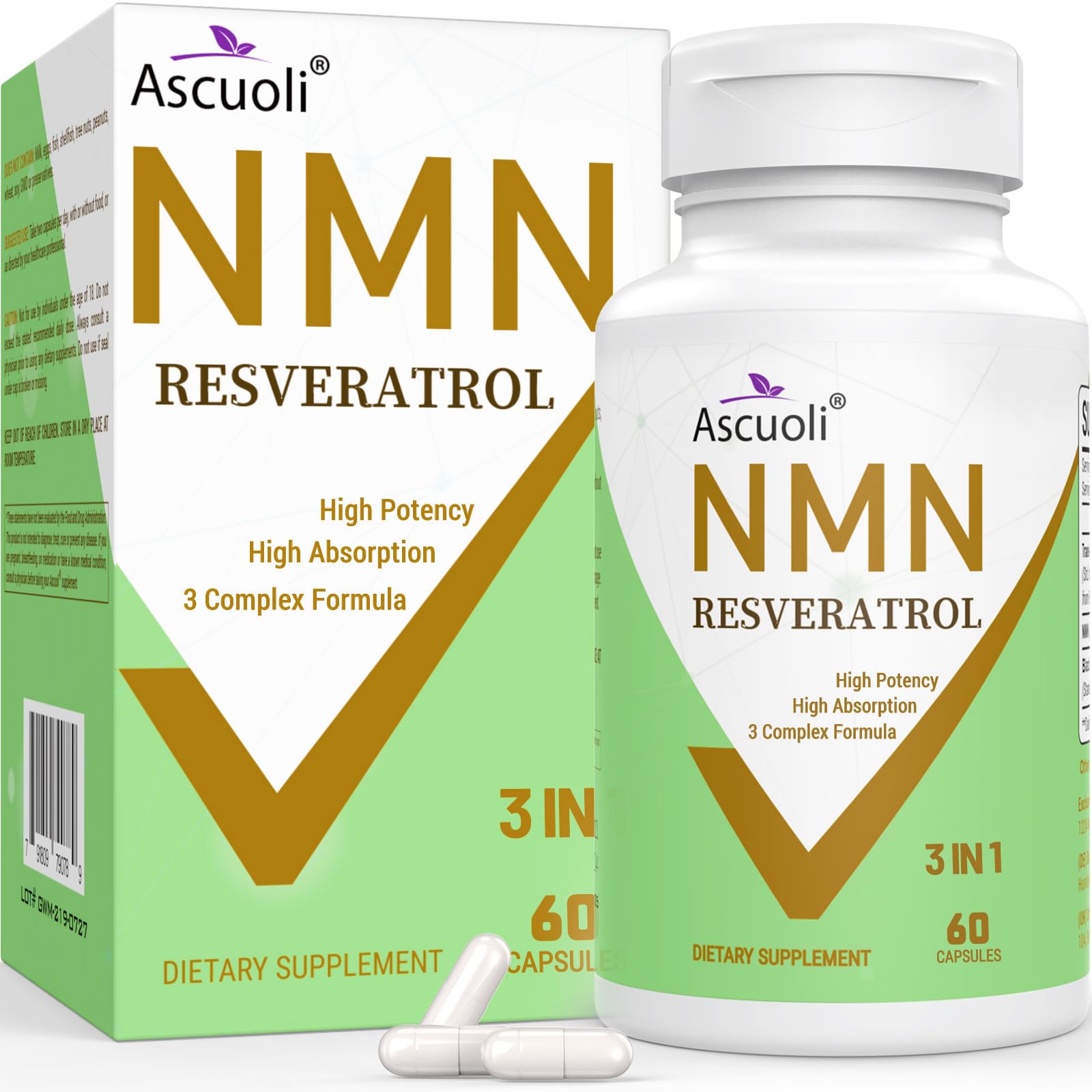 Ascuoli NMN Resveratrol bottle front for daily vitality support.