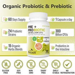 Ascuoli organic herbs prebiotics blend highlights herbal fiber for sensitive digestion.