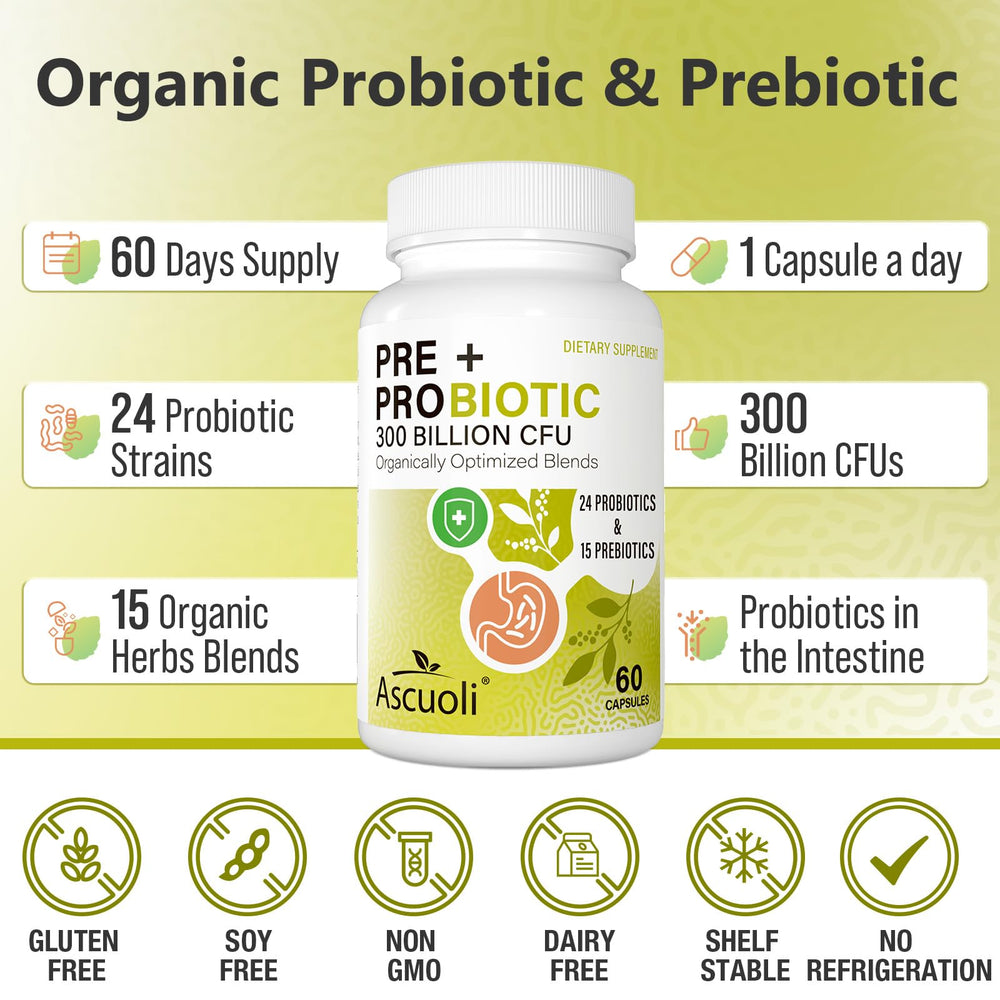 Ascuoli Probiotics 15 organic herbs blend emphasizes natural prebiotics for digestion.