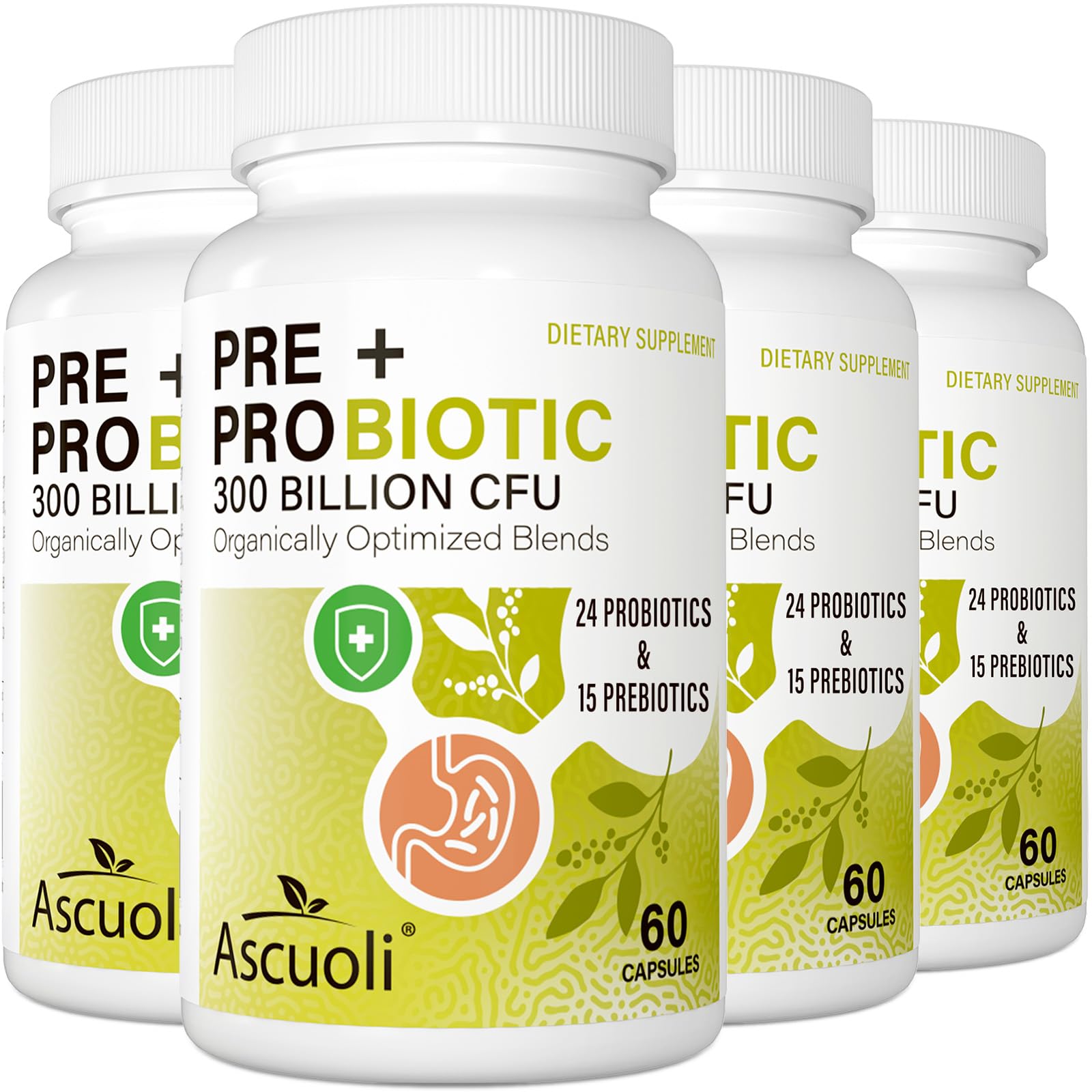 Ascuoli Probiotics bottle front shows daily gut support for overall wellness.