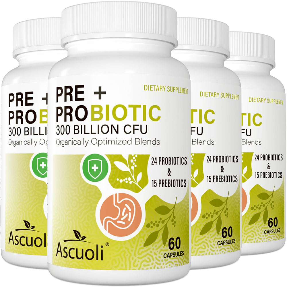 Ascuoli Probiotics bottle front shows daily gut support for overall wellness.