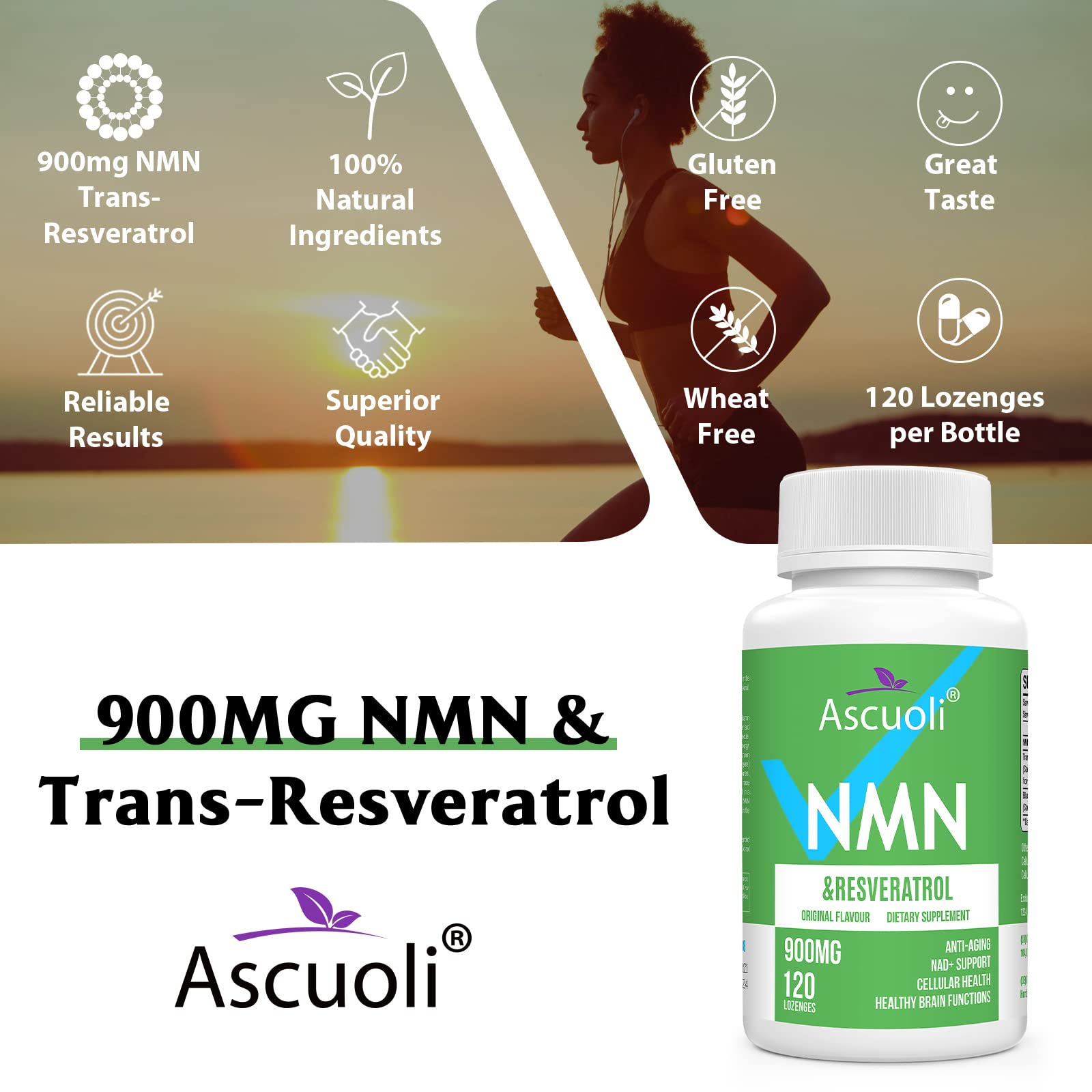Label close-up listing NMN 500mg and Trans-Resveratrol 400mg.