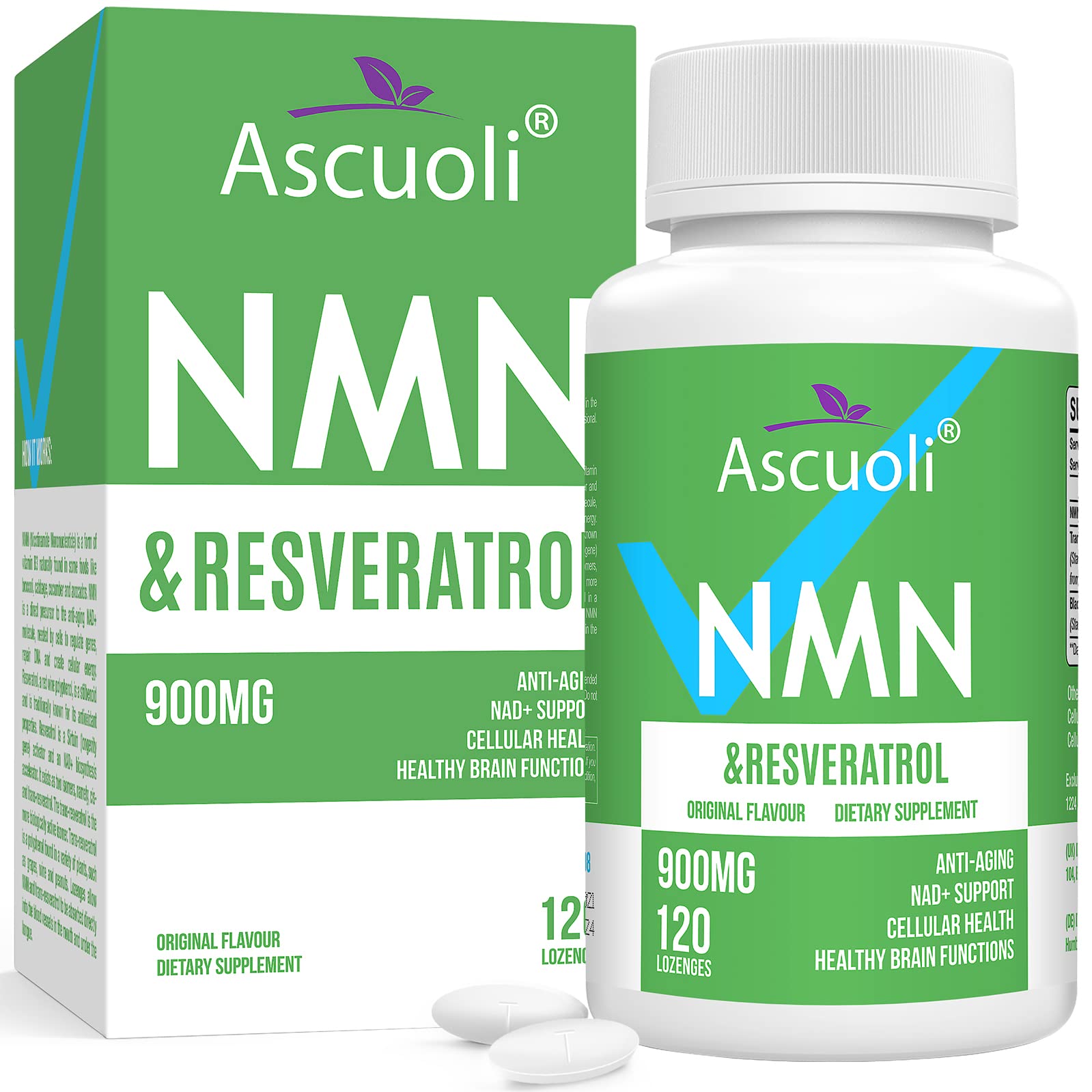 Ascuoli NMN + Trans-Resveratrol lozenge bottle for daily use.