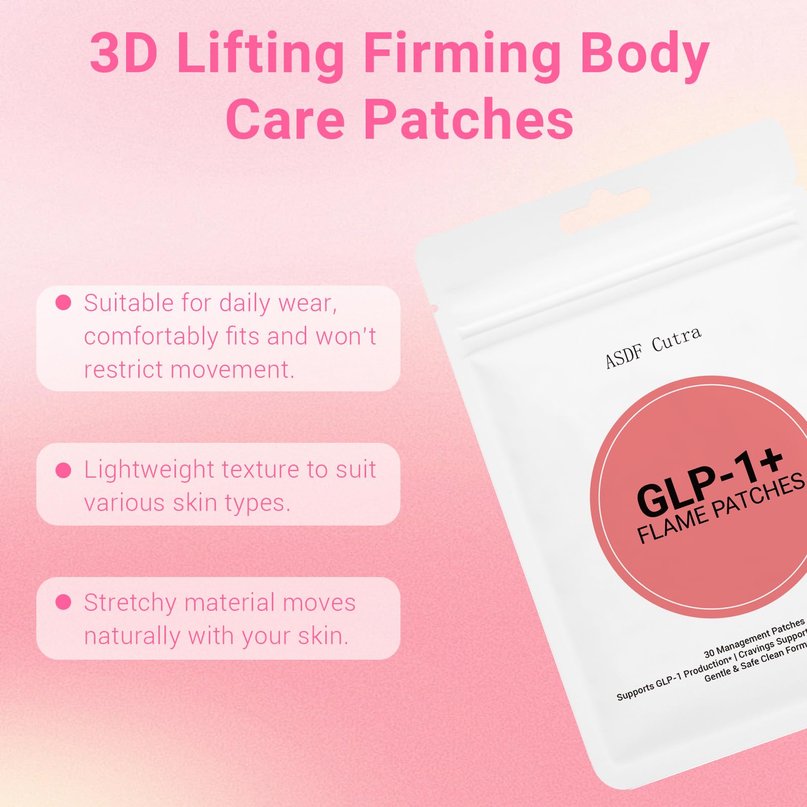 ASDF Cutra GLP-1 patches applied to skin showing transdermal delivery.