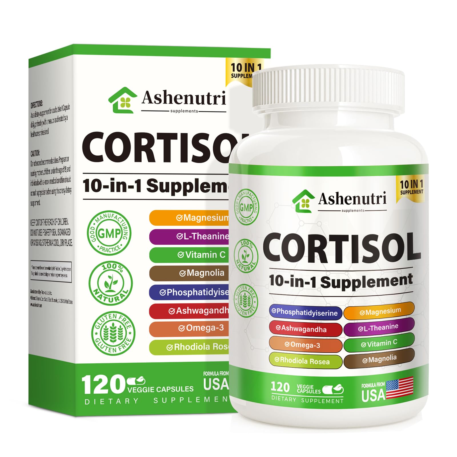 Ashenutri 10-in-1 cortisol supplement bottle for daily stress management