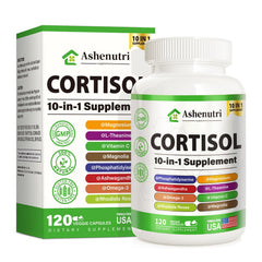 Ashenutri 10-in-1 cortisol supplement bottle for daily stress management