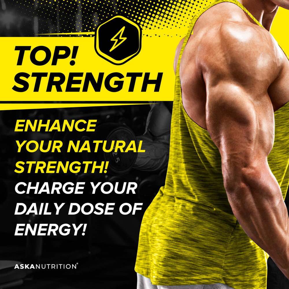 Gym setting with ASKA Nutrition testosterone booster bottle powering performance