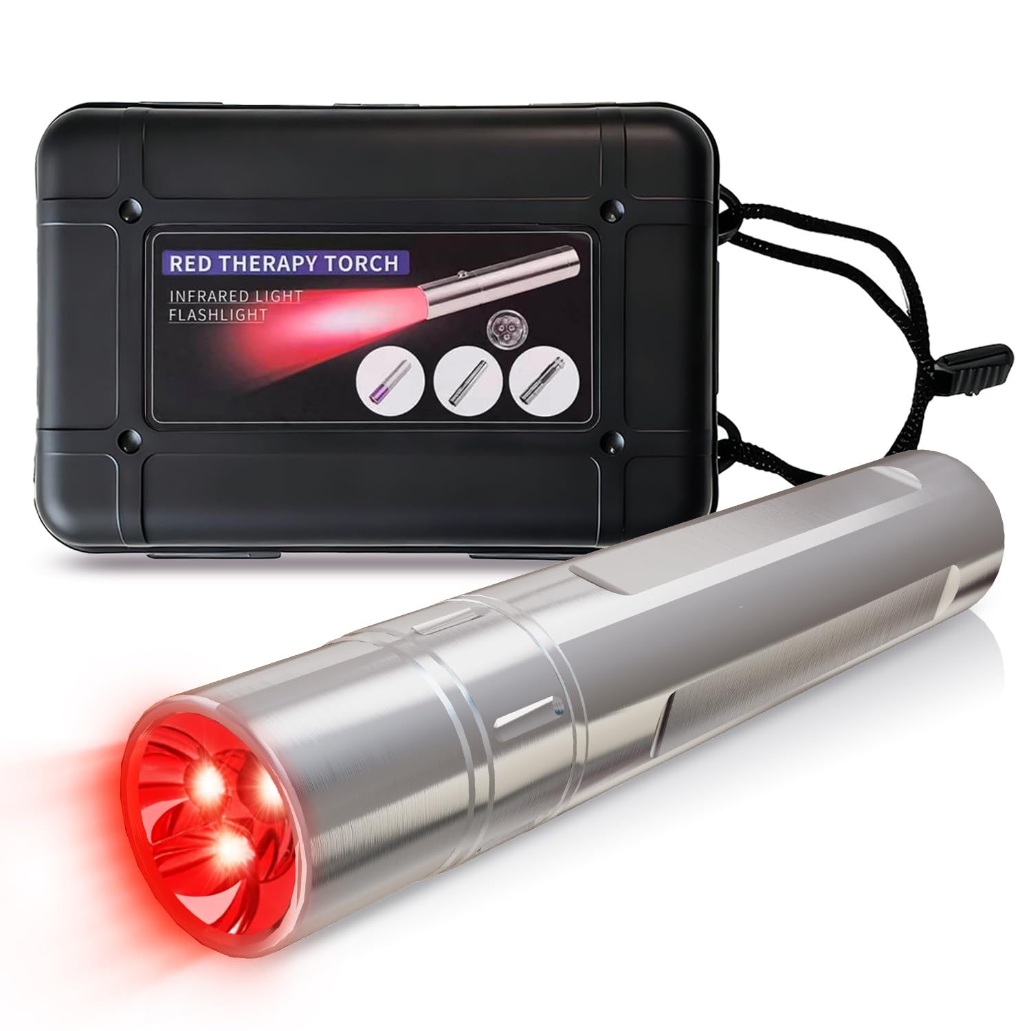 A SMALLGOAL infrared therapy wand, silvery front view, for targeted muscle relief.