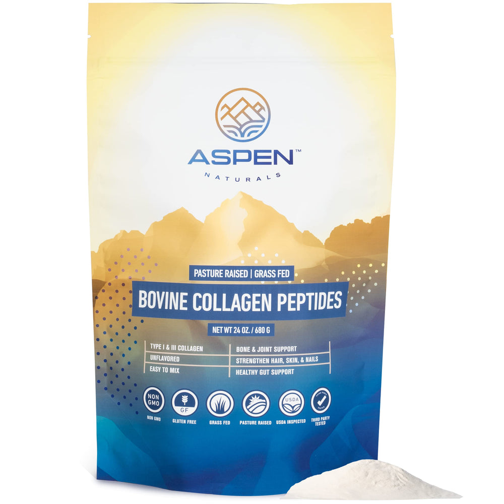 Aspen Naturals bovine collagen peptides bottle shown for daily supplement use