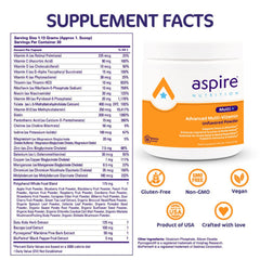 Aspire Multi+ powder tub label shows premium nutrients for energy.