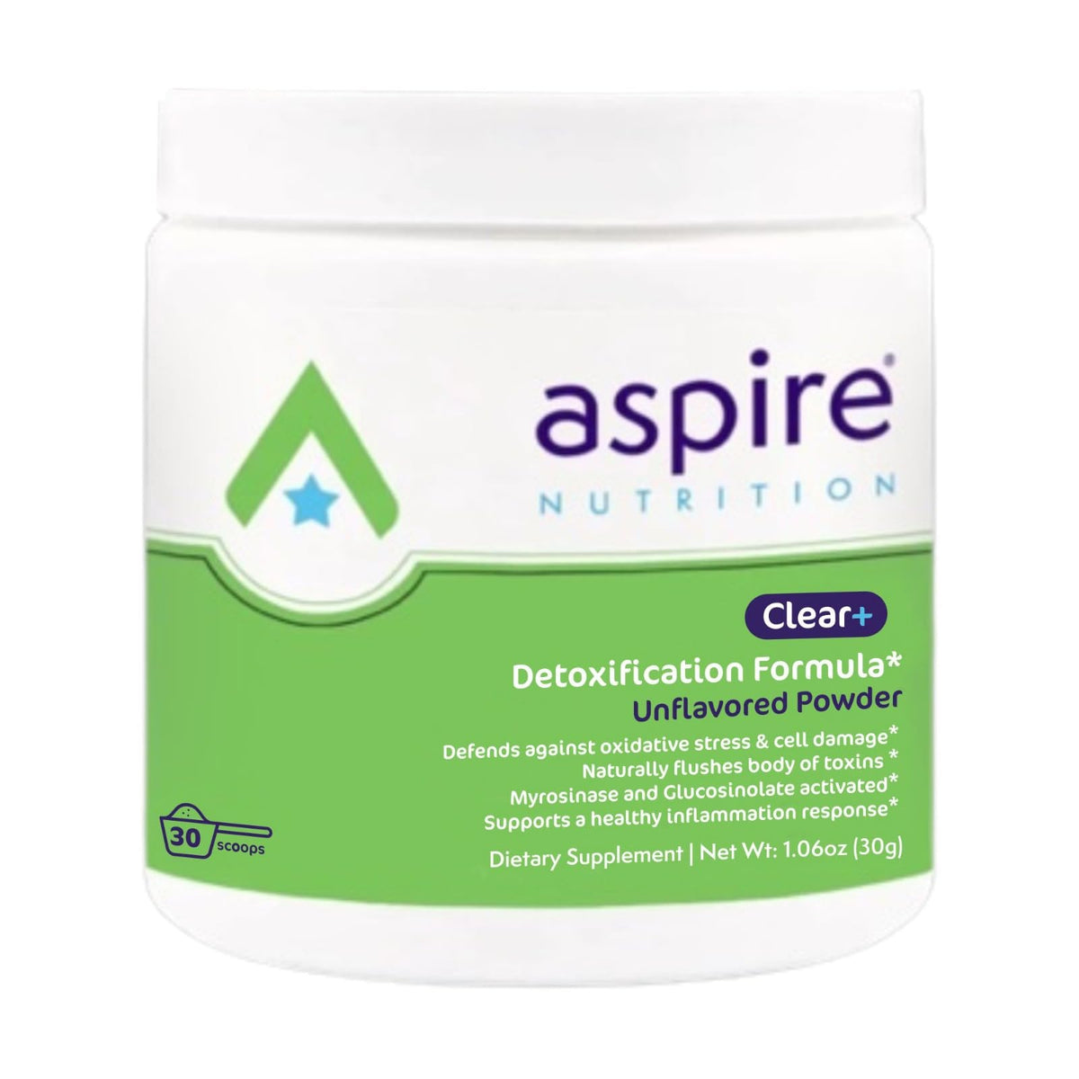 Aspire Nutrition Clear+ Detoxification bottle front displaying unflavored formula for daily detox support.