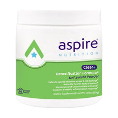 Aspire Nutrition Clear+ Detoxification bottle front displaying unflavored formula for daily detox support.