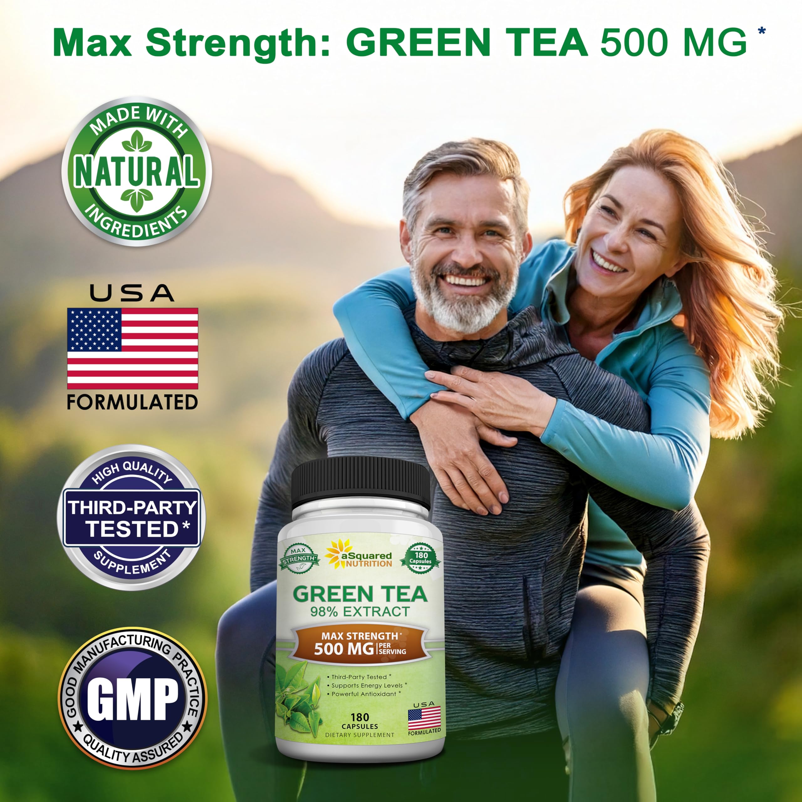 aSquared green tea extract capsules closeup showing 500 mg dose for steady energy